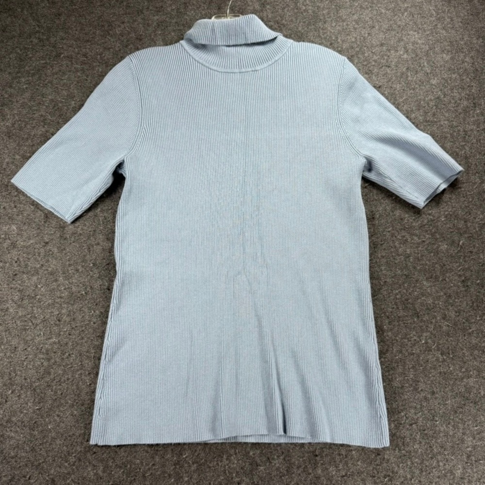 Coldwater Creek Ribbed Turtleneck Top Women's Medium Short Sleeve Knit Blue